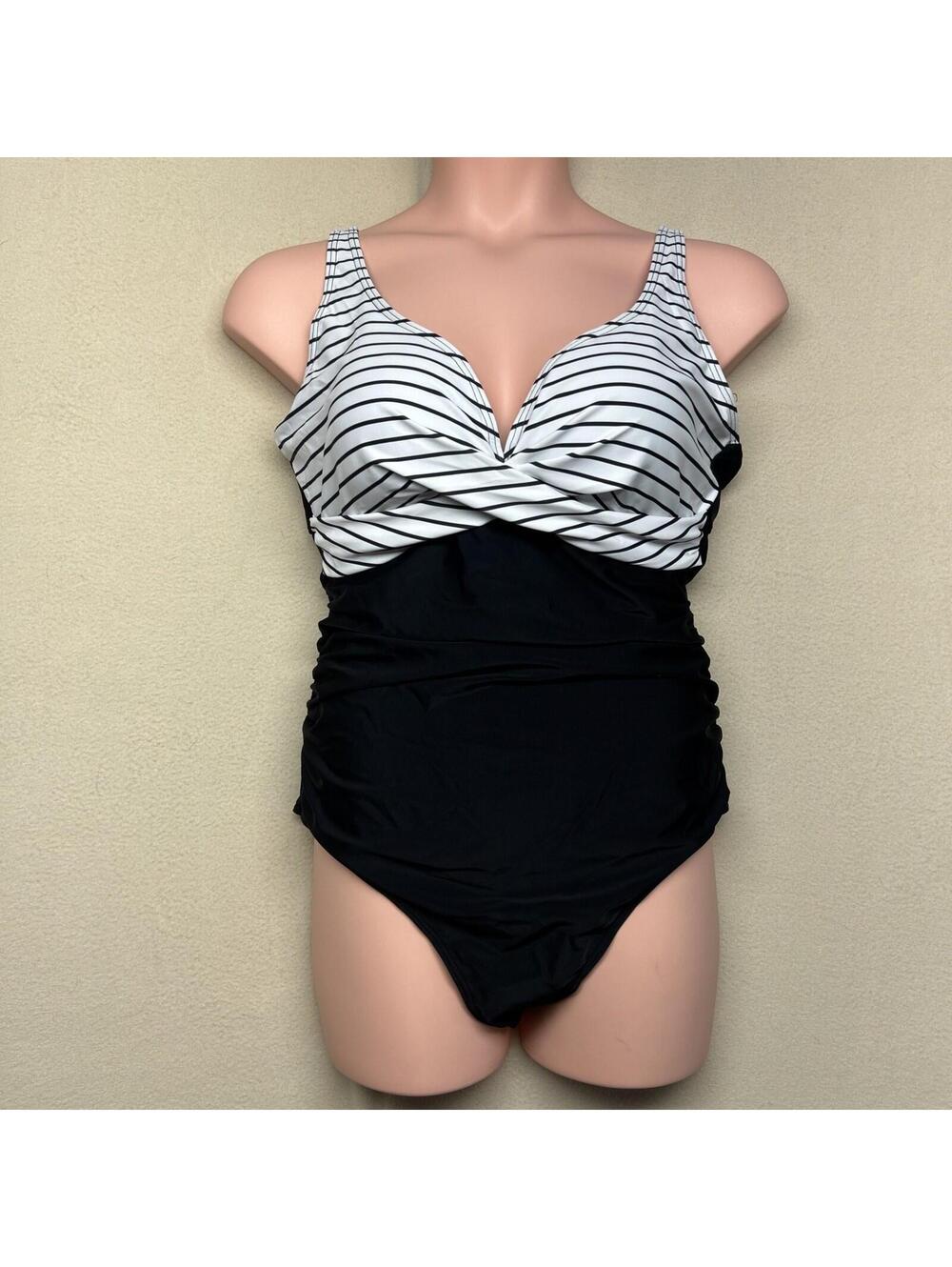Eomenie Women’s Size 2XL One-Piece Push Up Wrap Black White Stripes Swimsuit